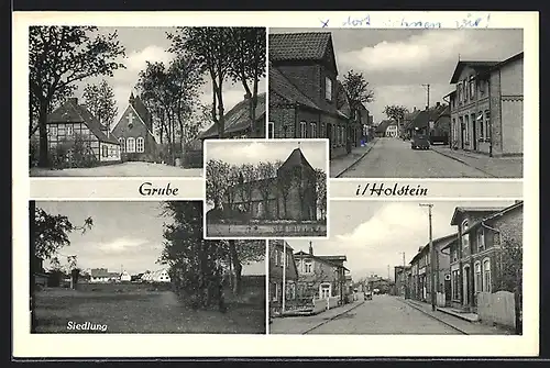 AK Grube i. Holstein, Siedlung, Strassenpartie, Kirche