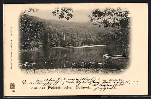 AK Uglei /Holsteinische Schweiz, Am kleinen Uglei, Boot am Ufer