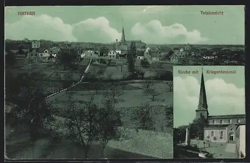 AK Finthen, Totalansicht, Kirche mit Kriegerdenkmal