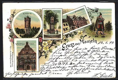 Lithographie Hameln, Rattenfängerhaus, Gertrudenbrunnen, Hochzeitshaus, Rattenfänger von Hameln