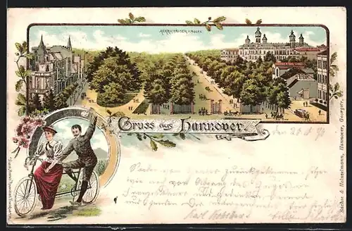 Lithographie Hannover, Herrnhäuser-Allee mit Welfenschloss, Paar auf Tandem