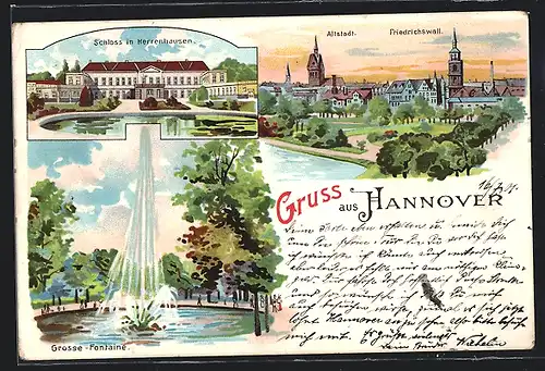 Lithographie Hannover, Schloss in Herrenhausen, Blick zur Altstadt