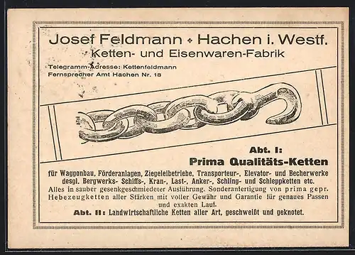 AK Hachen i. Westf., Josef Feldman Ketten- und Eisenwaren-Fabrik