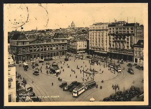 AK Bruxelles, Gare du nord et place rogier, Strassenbahn