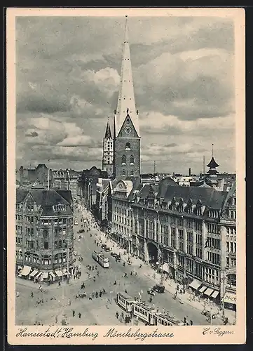 AK Hamburg, Strassenbahnen auf der Mönckebergstrasse