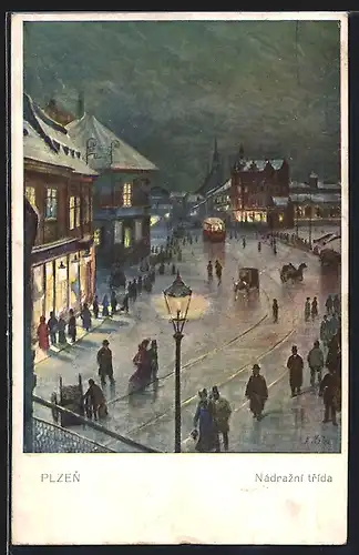 Künstler-AK Plzen, Nadrazni trida, Strassenbahn