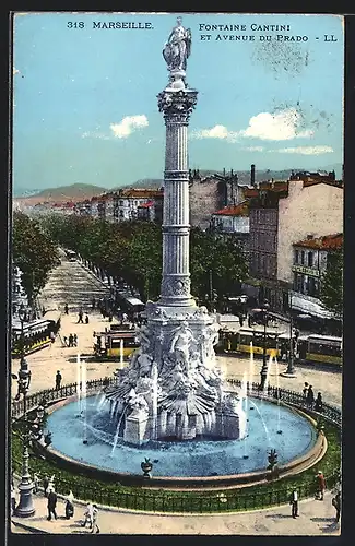 AK Marseille, Fontaine Cantini et Avenue du Prado, Strassenbahn