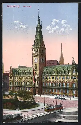 AK Hamburg, Strassenbahn vor dem Rathaus
