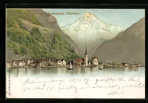 Lithographie Künzli Nr. 5021: Fluelen, Untersee mit Bristenstock, Berg mit Gesicht / Berggesichter