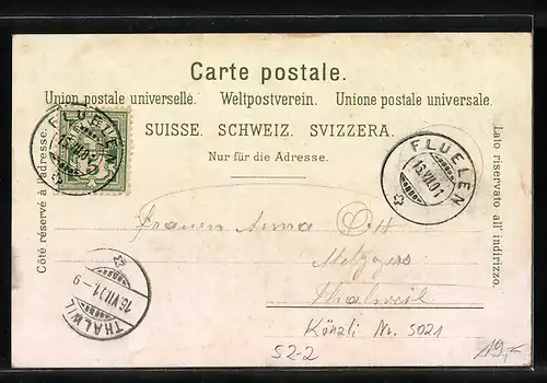 Lithographie Künzli Nr. 5021: Fluelen, Untersee mit Bristenstock, Berg mit Gesicht / Berggesichter