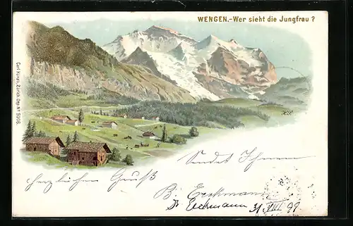 Lithographie Wengen, Ortsansicht mit Jungfrau