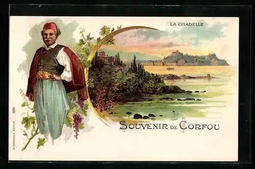 Lithographie Corfou, La Citadelle, Zitadelle im Abendlicht, Grieche in Tracht