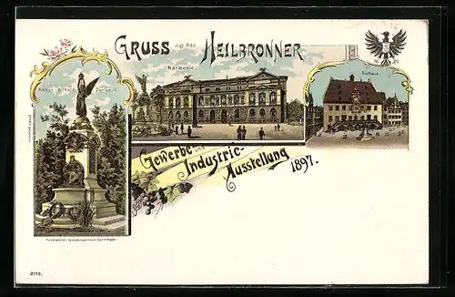 Lithographie Heilbronn, Gewerbe- und Industrie-Ausstellung 1897, Rathaus, Harmonie, Kaiser Wilhem-Denkmal
