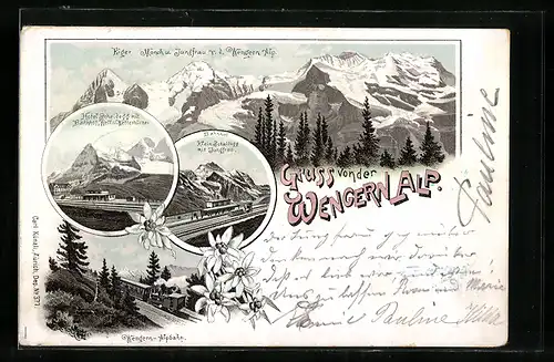 Vorläufer-Lithographie Scheidegg, 1895, Hotel mit Bahnhof der Wengern-Alpbahn