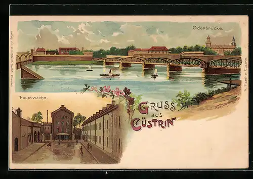 Lithographie Cuestrin / Kostrzyn, Teilansicht mit Oderbrücke, Hauptwache