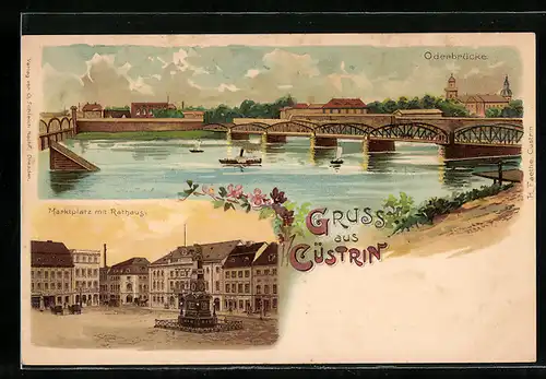 Lithographie Cuestrin / Kostrzyn, Flusspartie mit Oderbrücke, Marktplatz mit Rathaus