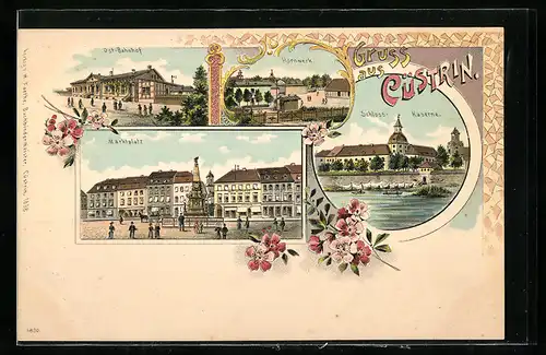 Lithographie Cüstrin, Ost-Bahnhof, Schloss Kaserne, Hornwerk