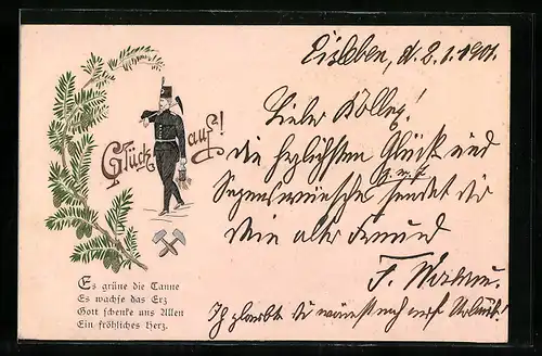 AK Bergarbeiter im schwarzen Habit mit Spitzhake und Lampe