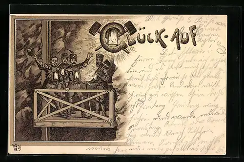 Lithographie Bergarbeiter fahren mit einem Fahrstuhl in den Schacht