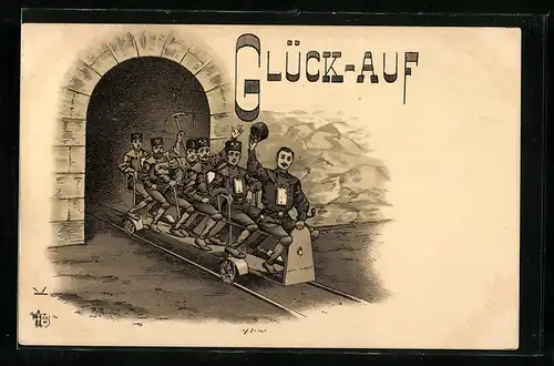 Lithographie Glück auf, Bergmänner fahren aus dem Schacht