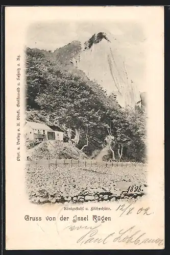 AK Königsstuhl / Rügen, Kreidefelsen mit Fischerhütte