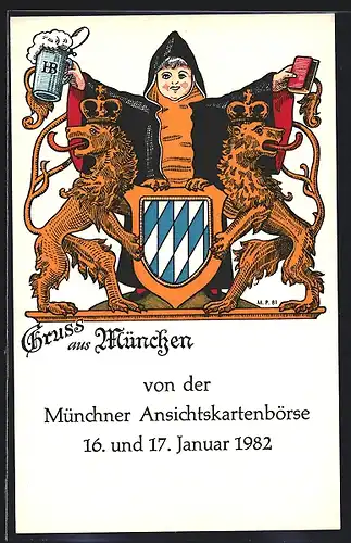AK München, Ansichtskartenbörse 1982, Münchner Kindl und Wappen