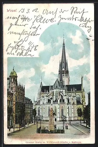 AK Wesel, Grosser Markt mit Willibrordi-Kirche und Rathaus