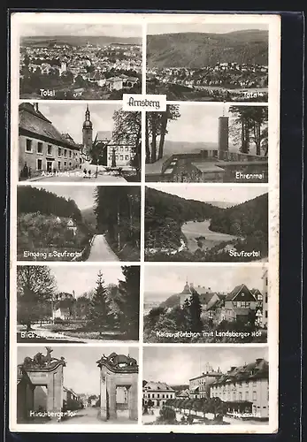 AK Arnsberg / Westf., Totalansicht, Alter Markt mit Rathaus, Kurhotel, Hirschberger Tor, Ehrenmal und Seufzertal