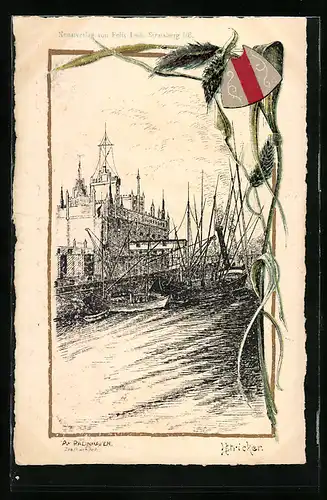 Künstler-AK Strassburg, Hafen mit Booten, Wappen