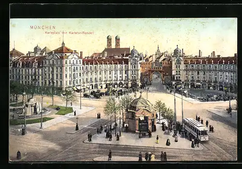 AK München, Strassenbahn am Karlsplatz mit Karlstor-Rondell