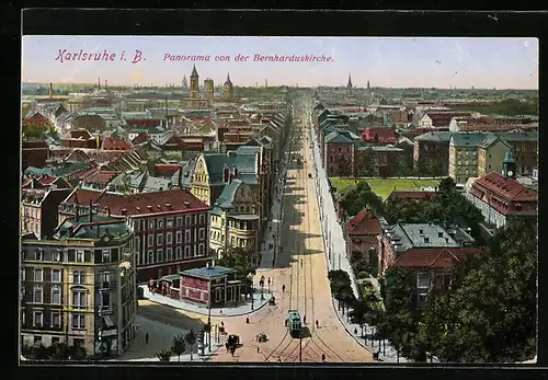 AK Karlsruhe i. B., Panoramablick von der Bernharduskirche, Strassenbahn