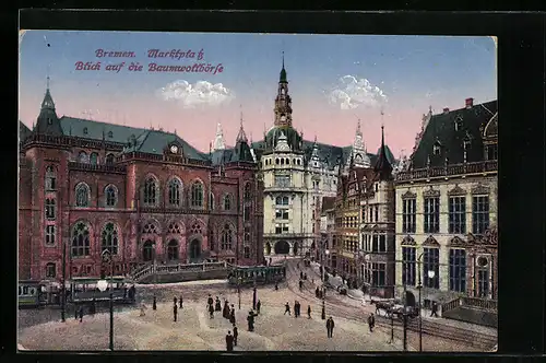 AK Bremen, Marktplatz mit Strassenbahn, Blick auf die Baumwollbörse