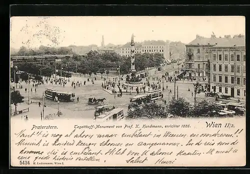 AK Wien, Praterstern und Jegetthoff- Monument mit Strassenbahn