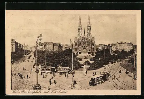 AK Wien, Strassenbahnen am Freiheitsplatz mit Votivkirche