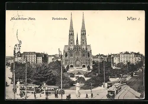 AK Wien, Strassenbahn vor der Votivkirche am Maximilian-Platz