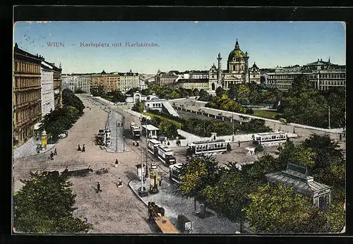 AK Wien, Strassenbahnen am Karlsplatz mit Karlskirche