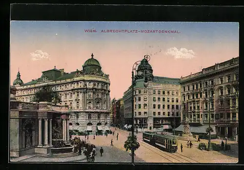 AK Wien, Albrechtplatz-Mozartdenkmal mit Strassenbahn