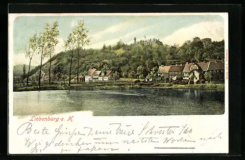AK Liebenburg a. H., Blick vom Wasser zur Ortschaft