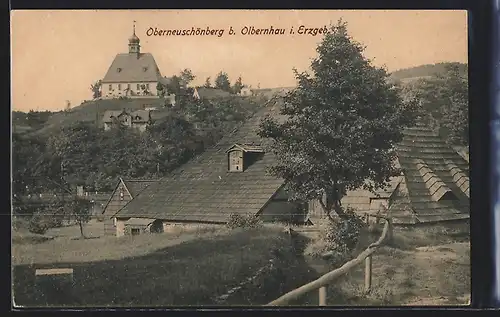 AK Oberneuschönberg / Erzgeb., Ortspartie mit Kirche