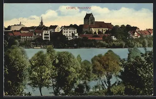 AK Lychen, Ortsansicht auf Kirche mit Gewässer