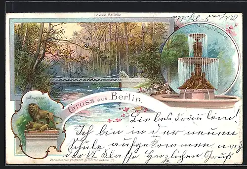 Lithographie Berlin-Tiergarten, Löwengruppe, Löwenbrücke, Wrangelbrunnen