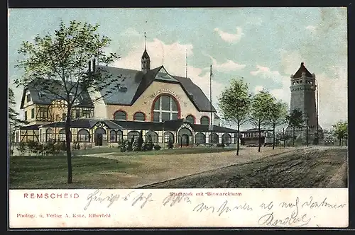 AK Remscheid, Stadtpark mit Bismarckturm und Bahnhof