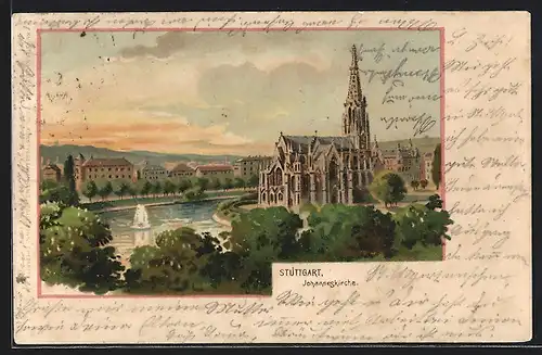 Lithographie Stuttgart, Partie mit Johanneskirche
