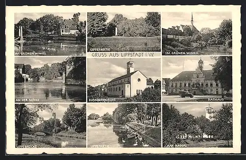 AK Lippstadt i. W., Im grünen Winkel, Lippepartie, an der Mühle, Elisabethkirche, Rathaus, am Kanal, Lippebrücke