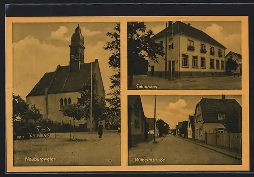 AK Neuburgweier, Partie am Schulhaus, in der Wilhelmstrasse und an der Kirche