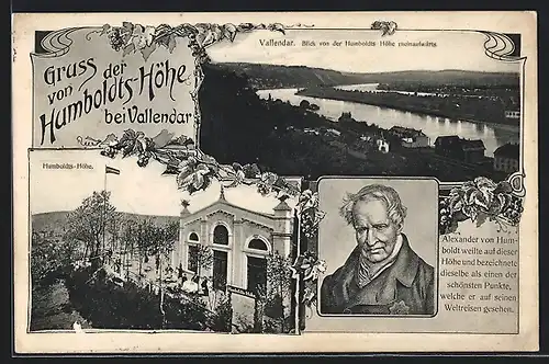 AK Vallendar, Blick von der Humboldts-Höhe rheinaufwärts, Portrait Alexander v. Humboldt