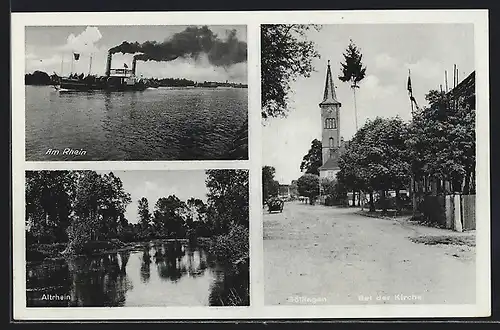 AK Söllingen, Partie am Rhein m. Dampfer, Bei der Kirche, Altrhein