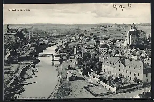AK Diez / Lahn, Ortspanorama mit Lahnbrücke