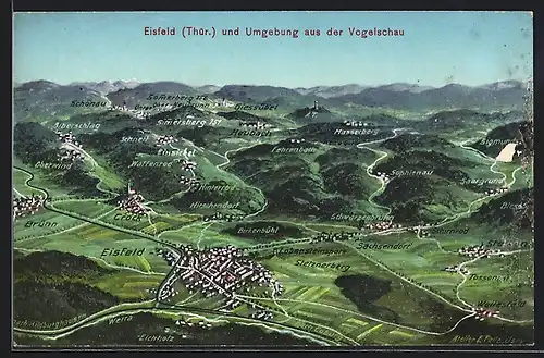 Künstler-AK Eugen Felle: Eisfeld a. d. Werra /Thür., Ort und Umgebung aus der Vogelschau