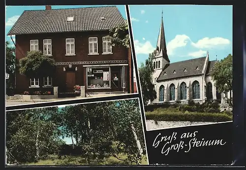 AK Gross-Steinum, Kirche, Geschäft und Birkenwäldchen